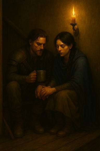 Fleetwood and Clarion sitting together on a narrow ledge at the top of the stairs in the Blue Water Inn, late evening. Candlelight flickers from an iron sconce nearby. Fleetwood is half-armored, cradling a mug, one shoulder against the wall. Clarion wears a wool shawl, her braid slightly unraveled, sitting beside him with knees drawn close. Her hair is black. Their hands rest near each other, almost touching. The hallway is quiet, with closed doors and soft shadows. The mood is intimate, quiet, and emotionally raw. Fleetwood and Clarion sitting together on a narrow ledge at the top of the stairs in the Blue Water Inn, late evening. Candlelight flickers from an iron sconce nearby. Fleetwood is half-armored, cradling a mug, one shoulder against the wall. Clarion wears a wool shawl, her braid slightly unraveled, sitting beside him with knees drawn close. Her hair is black. Their hands rest near each other, almost touching. The hallway is quiet, with closed doors and soft shadows. The mood is intimate, quiet, and emotionally raw.