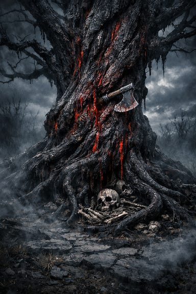 Gulthias Tree — a massive, corrupted tree rising from a blighted grove. Its trunk twists like a spine, bark dark and slick as dried blood. Crimson sap oozes from fissures, glowing faintly in the gloom. Roots writhe like serpents through black soil, and a half‑swallowed battleaxe gleams from a wound in its trunk. The air is heavy with dread, mist swirling around skeletal remains at its base.