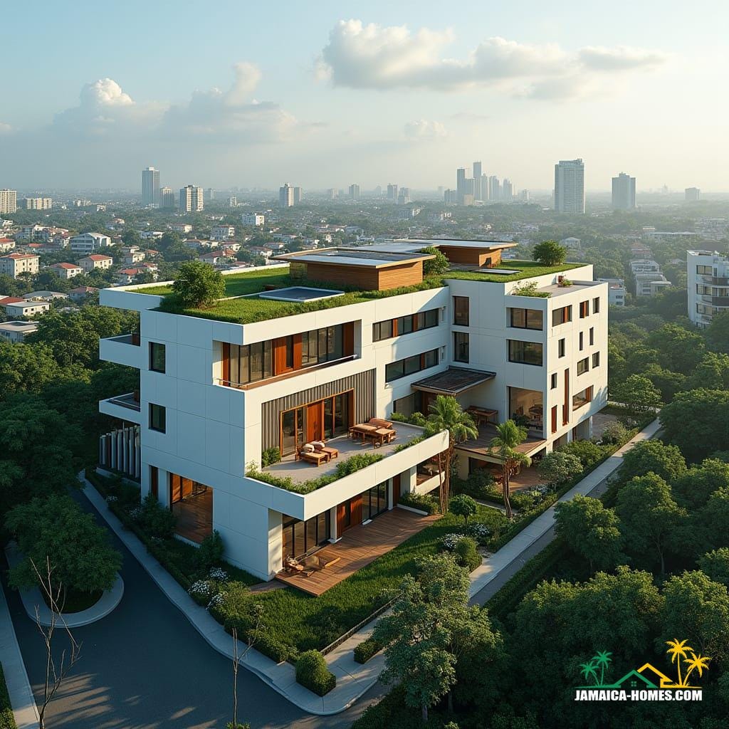 Futuristic co-living space in New Kingston, Jamaica, designed for young professionals. 
