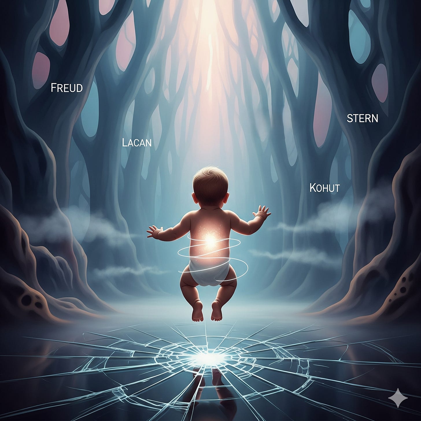 A glowing infant floats above shattered glass in a surreal void, surrounded by ghostly names of psychologists