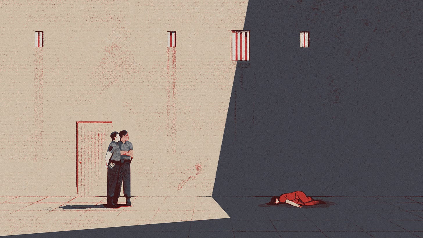 An illustration shows to law enforcement officers looking at a person on the ground.