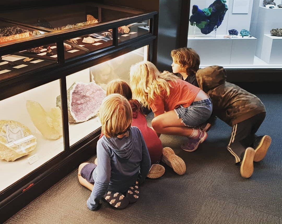 five children kneeling and sitting on a museum floor peering into a cabinet with huge crystal mineral specimens five children kneeling and sitting on a museum floor peering into a cabinet with huge crystal mineral specimens