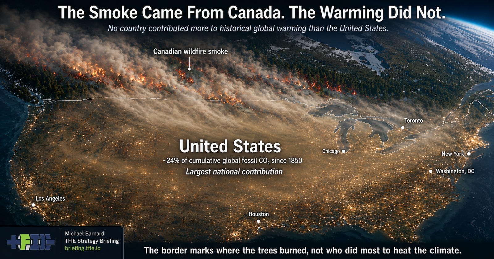 Canadian wildfire smoke moves south across a continent heated substantially by historical US emissions.