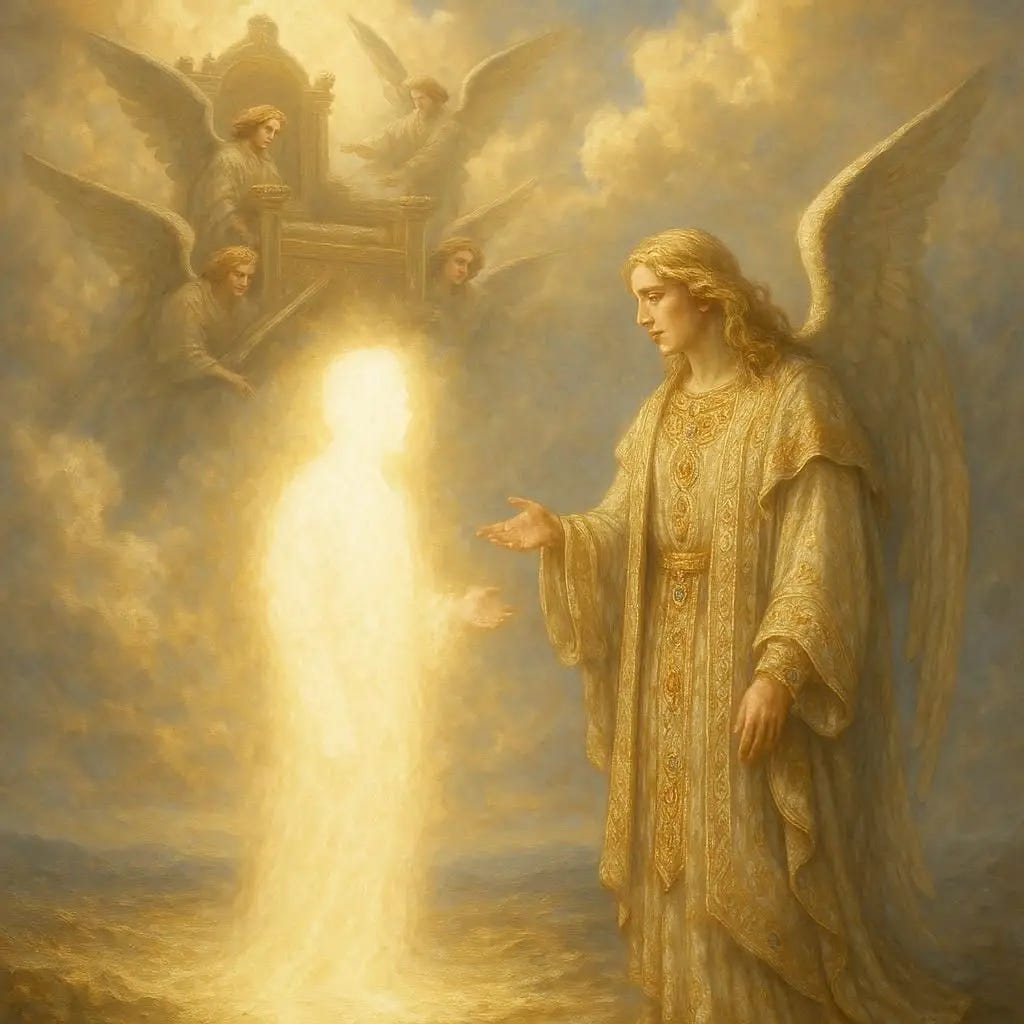 a throne being carried by four seraphim and a silhouette of bright light standing on newly created ground in front of the throne. the silhouette of light is speaking with an angel who has long blonde hair and is wearing elaborate robes that are adorned with jewels. realistic. heavenly.
