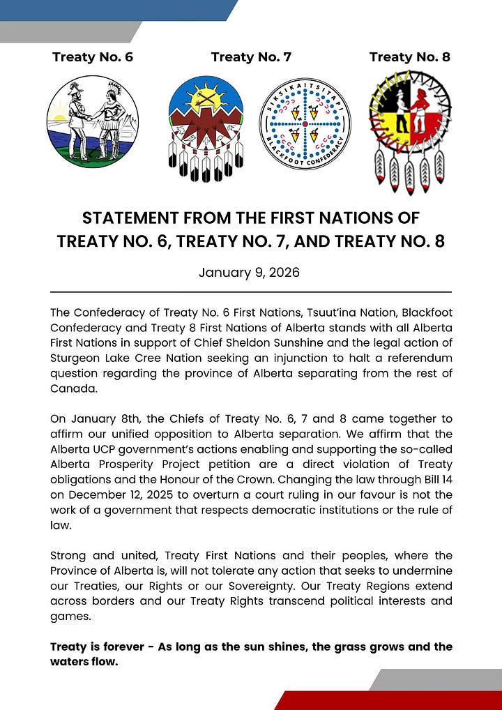 Official letters and statements from the Sturgeon Lake Cree Nation, the Blood Tribe, and Chiefs representing Treaty 6, Treaty 7, and Treaty 8 Nations, issued in January 2026, opposing Alberta separation efforts and affirming that treaty obligations and First Nation consent are required under Canadian constitutional law.