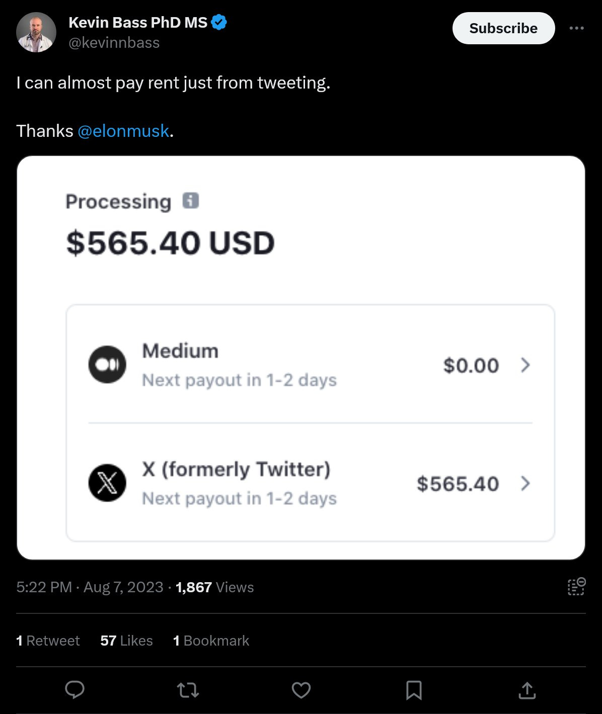 Kevin Bass: "I can almost pay rent just from tweeting." Kevin Bass: "I can almost pay rent just from tweeting."