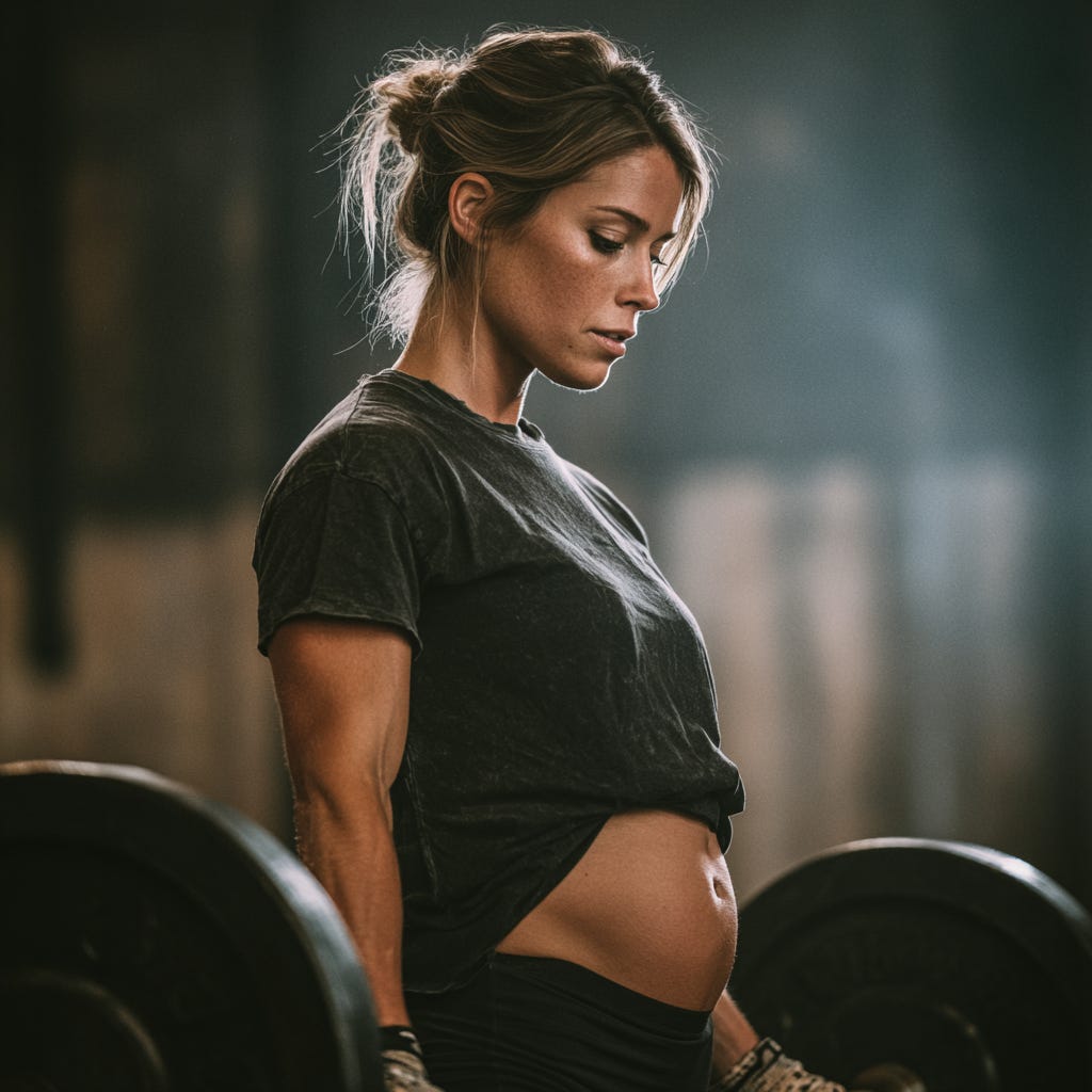 Fit, strong woman doing heavy deadlifts while pregnant.