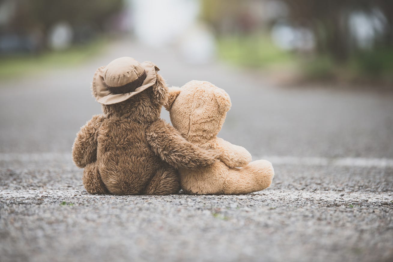 One teddy bear with his/her arm wrapped around a smaller teddy bear showing compassion on a road By julie One teddy bear with his/her arm wrapped around a smaller teddy bear showing compassion on a road By julie