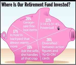 [Image shows a satirical pie chart in the shape of a pink piggy bank titled "Where Is Our Retirement Fund Invested?" with various humorous investment categories and percentages labeled on different sections]  Where Is Our Retirement Fund Invested?; 20% Garage-sale free-box items; 22% 3-14-15-31-49 Powerball; 12% In holes in backyard that always wants more; 15% Ask the wife, she handles all that crap; 26% Investment between creation figures and Yu-Gi-Oh! cards; 5% In slush funds