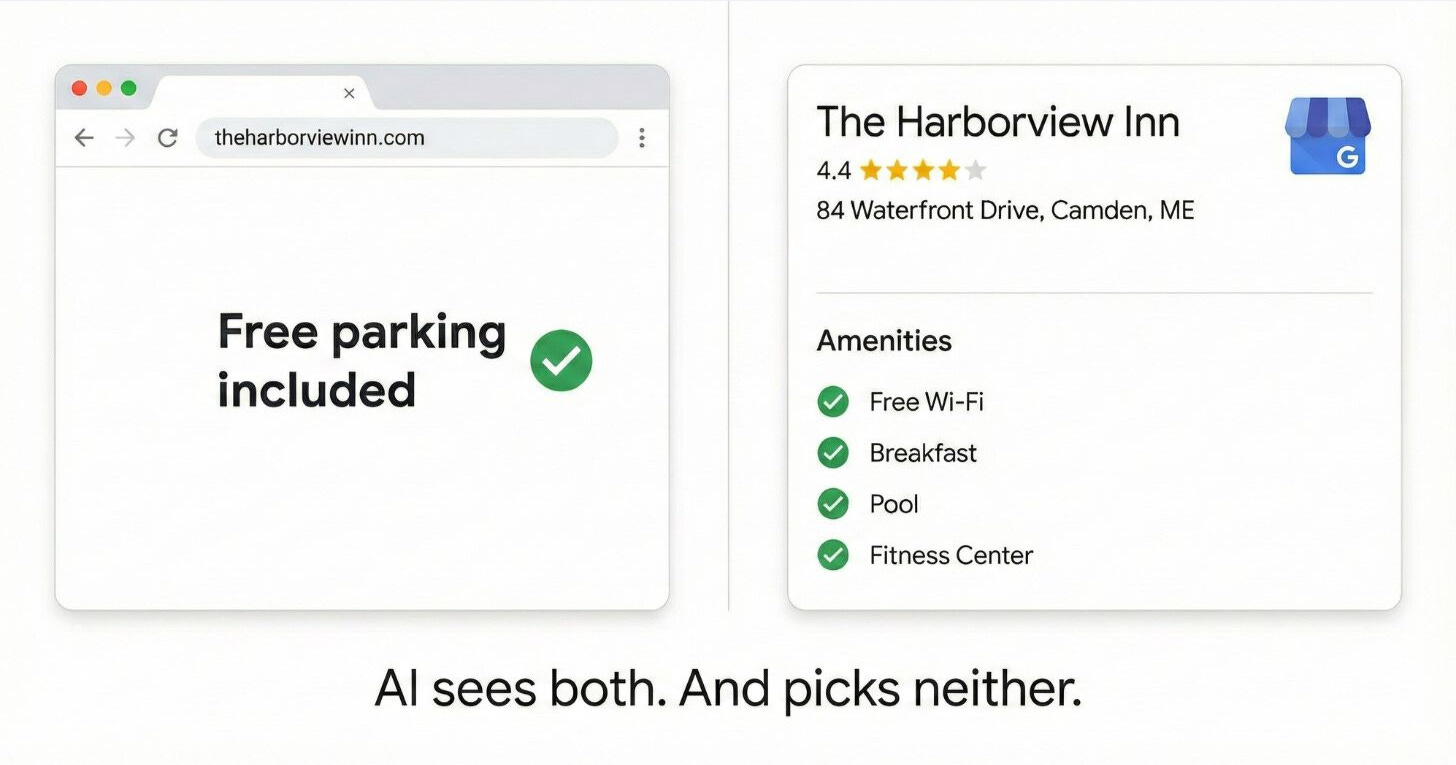 Split-screen comparison showing a hotel website advertising "Free parking included" with a green checkmark, next to the same hotel's Google Business Profile listing Wi-Fi, Breakfast, Pool, and Fitness Center as amenities but with no mention of parking. Text below reads: "AI sees both. And picks neither.