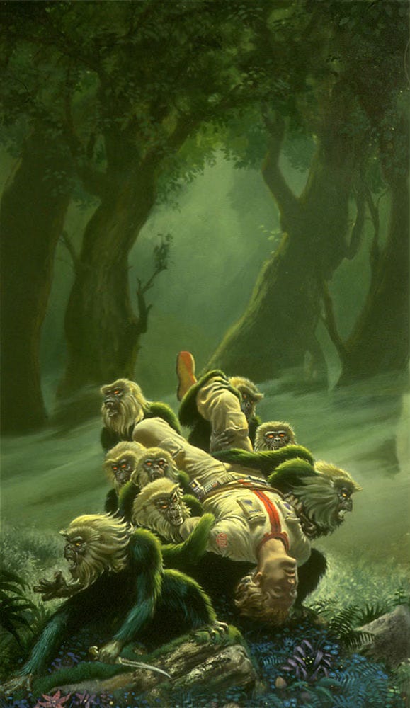 Long limbed monkey-like creatures carry the body of an unconscious human through an alien forest. Their fur is green except for the white manes that frame the dark skin of their faces. The lead monkey is holding a curved knife and seems to be hissing at something off panel left. All of the creatures emote angry energy. They look like a pissed off band of pallbearers working without a coffin as they struggle with the weight of the uniformed man. Long limbed monkey-like creatures carry the body of an unconscious human through an alien forest. Their fur is green except for the white manes that frame the dark skin of their faces. The lead monkey is holding a curved knife and seems to be hissing at something off panel left. All of the creatures emote angry energy. They look like a pissed off band of pallbearers working without a coffin as they struggle with the weight of the uniformed man.