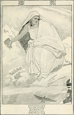 Print of old woman holding a hammer with a background of mountains Print of old woman holding a hammer with a background of mountains