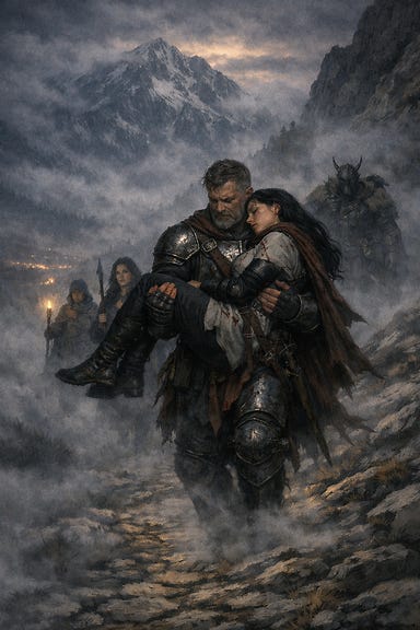 Fleetwood carrying Clarion down the mountain, both nearly equal in height, his armor scarred and cloak torn, mist curling around them in Barovian twilight, Clarion’s black hair spilling against his shoulder, Silverleaf and others following half‑lost in fog, vast indifferent mountain above and faint valley lights below