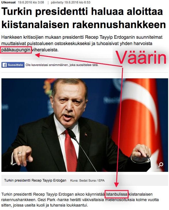 Saara Hirvonen tunnettaan niinkin “Lähi-itää ja sen kulttuuria asiantuntevista” jutuistaan, joissa hän muun muassa kuvittelee Istanbulia Turkin pääkaupungiksi. Juttua jouduttiin myöhemmin korjaamaan, kun “toimittajalla” ei mene edes alkeellisimmat asiat oikein. Saara Hirvonen tunnettaan niinkin “Lähi-itää ja sen kulttuuria asiantuntevista” jutuistaan, joissa hän muun muassa kuvittelee Istanbulia Turkin pääkaupungiksi. Juttua jouduttiin myöhemmin korjaamaan, kun “toimittajalla” ei mene edes alkeellisimmat asiat oikein.