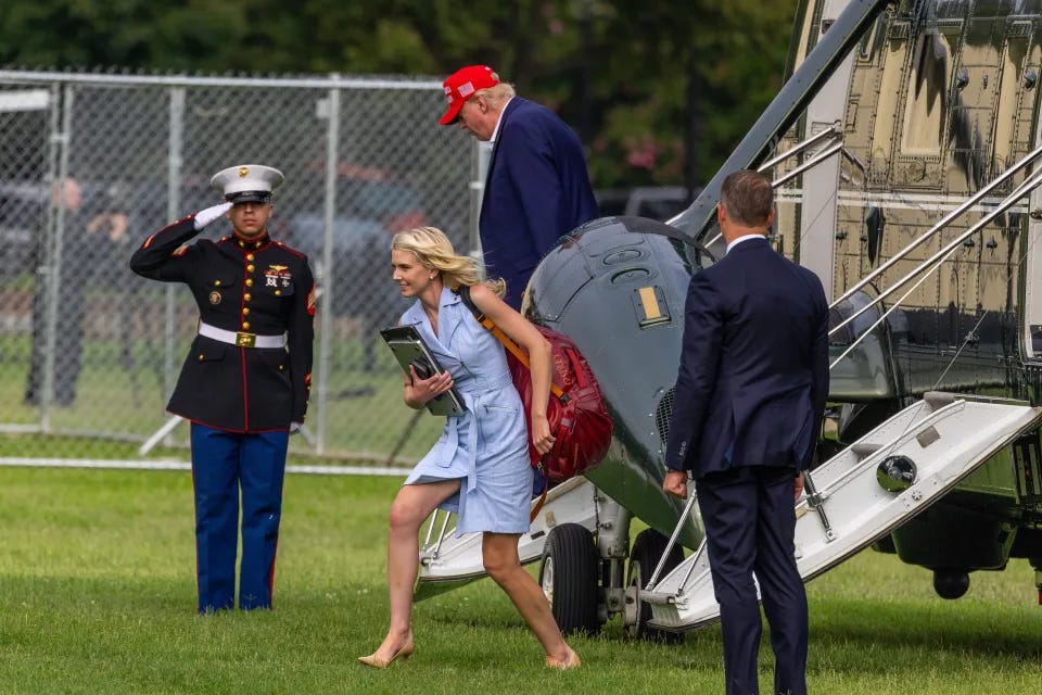 Natalie Harp exiting Marine One with President Trump and a saluting Marine.