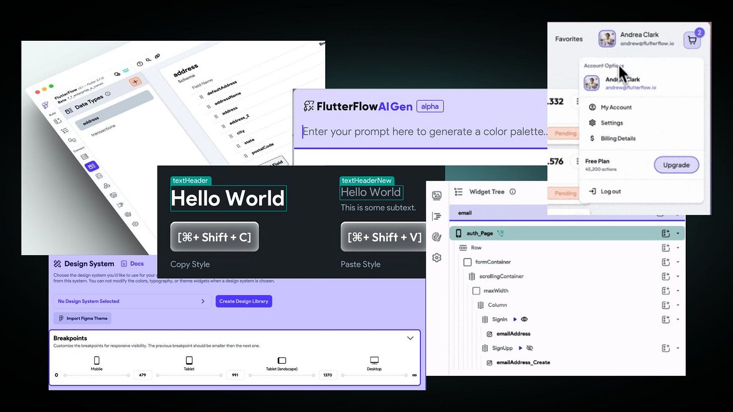 View of the different flutterflow features