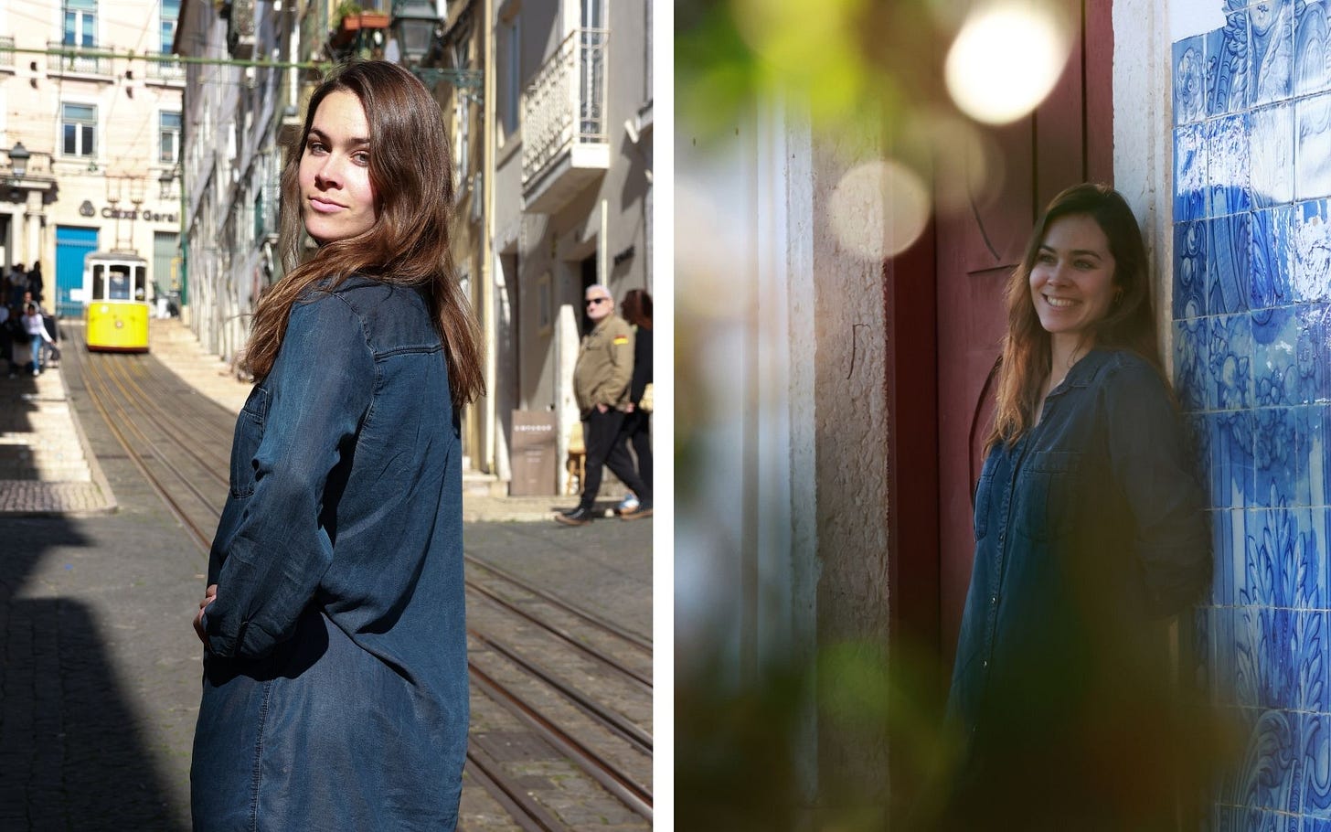 Two images of the author facing the camera. On the left, she has kind of a sassy pose, with her left hand on her hip as she faces away from the camera and looks back towards it. A yellow tram, and its tracks, can be seen in the distance behind her. On the right, the same woman, wearing a long-sleeved, denim shirt as a dress, stands against a blue tile wall with greenery in the foreground. Two images of the author facing the camera. On the left, she has kind of a sassy pose, with her left hand on her hip as she faces away from the camera and looks back towards it. A yellow tram, and its tracks, can be seen in the distance behind her. On the right, the same woman, wearing a long-sleeved, denim shirt as a dress, stands against a blue tile wall with greenery in the foreground.