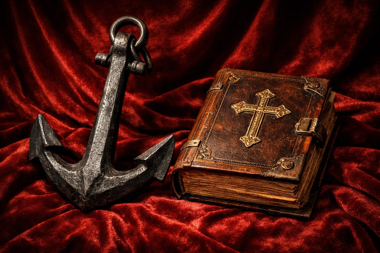 An iron anchor next to an ancient liturgical book on velvet, symbolizing Church tradition and stability.