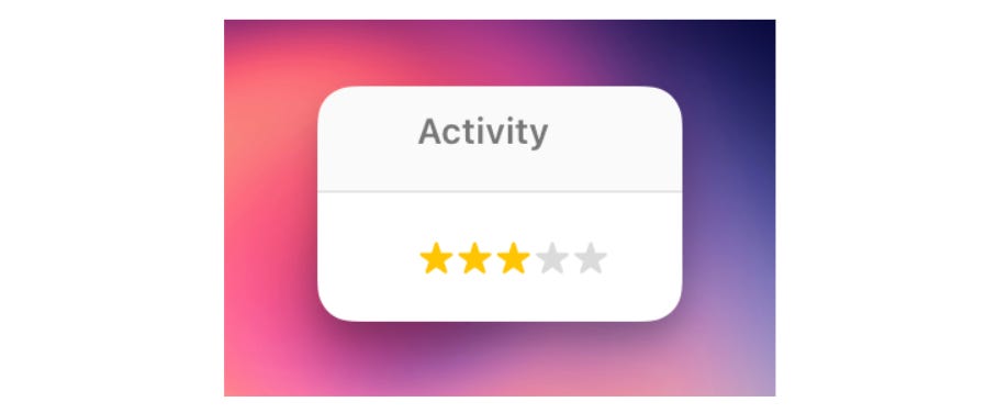 Substack subscriber activity rating widget showing three out of five gold stars on a purple-pink gradient background