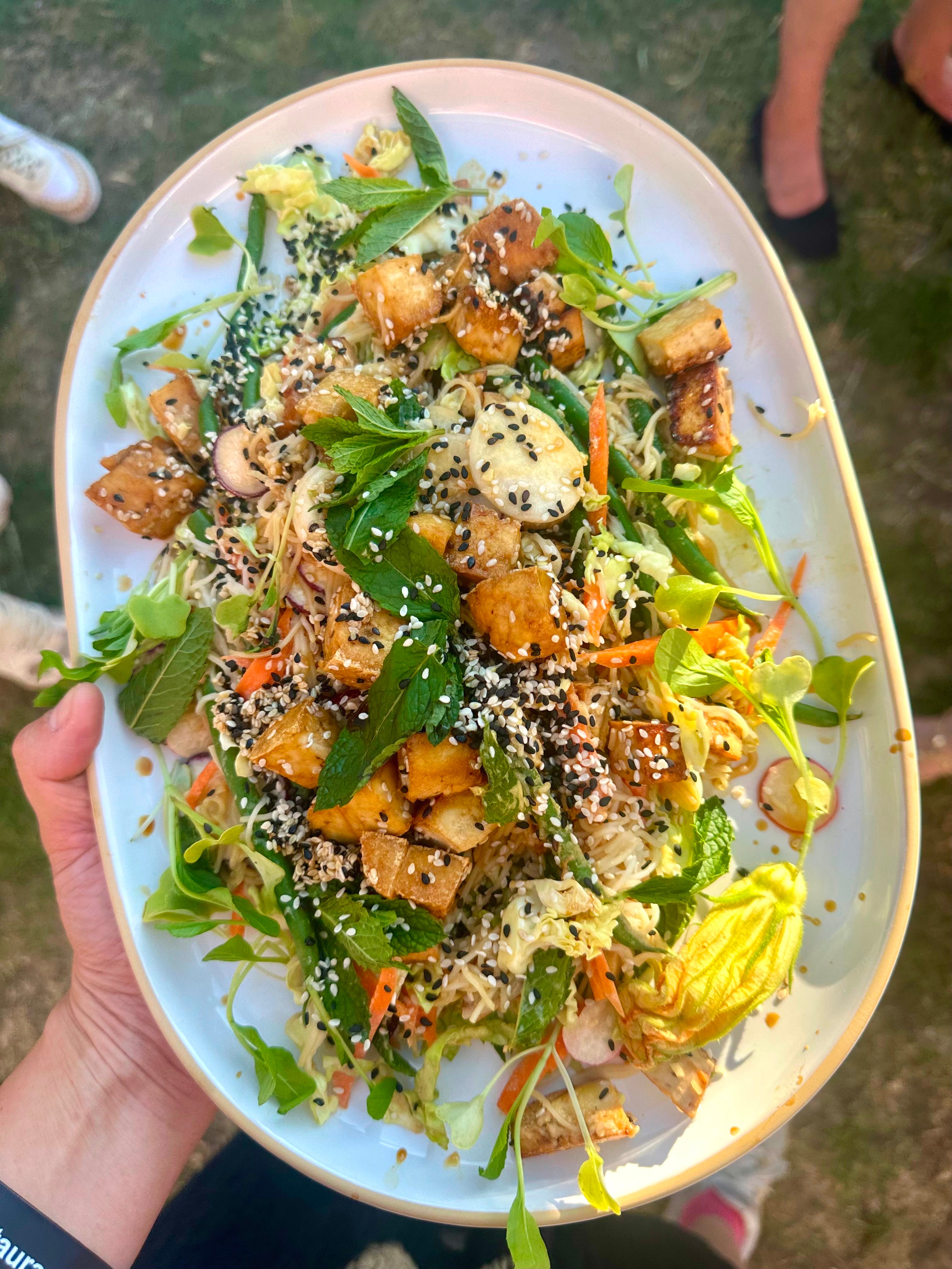 Hot night food - super delicious sesame noodle salad with sticky tofu