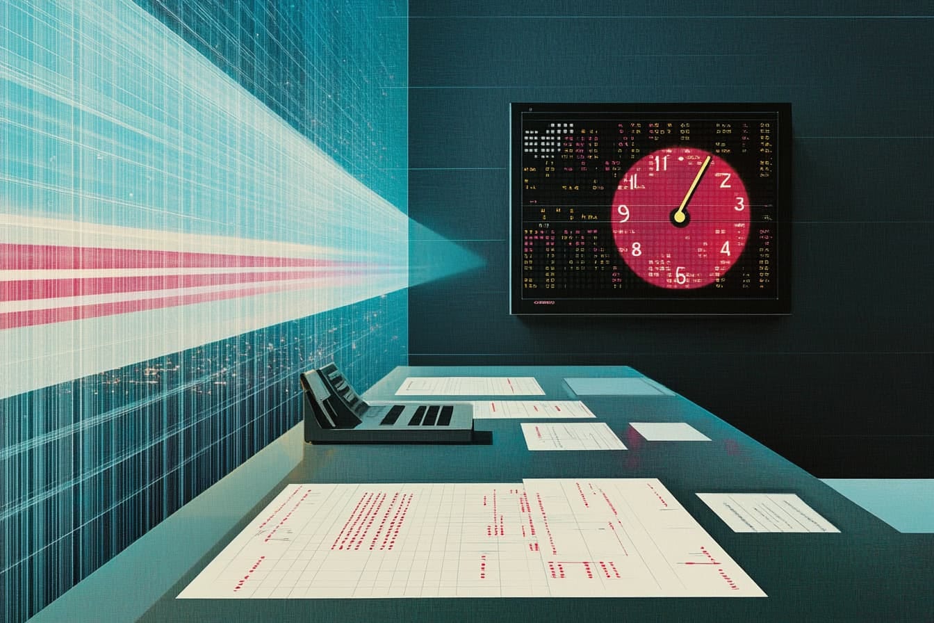 Illustration of a desk covered with papers, a big clock on the wall, and a spotlight shining on the opposite wall