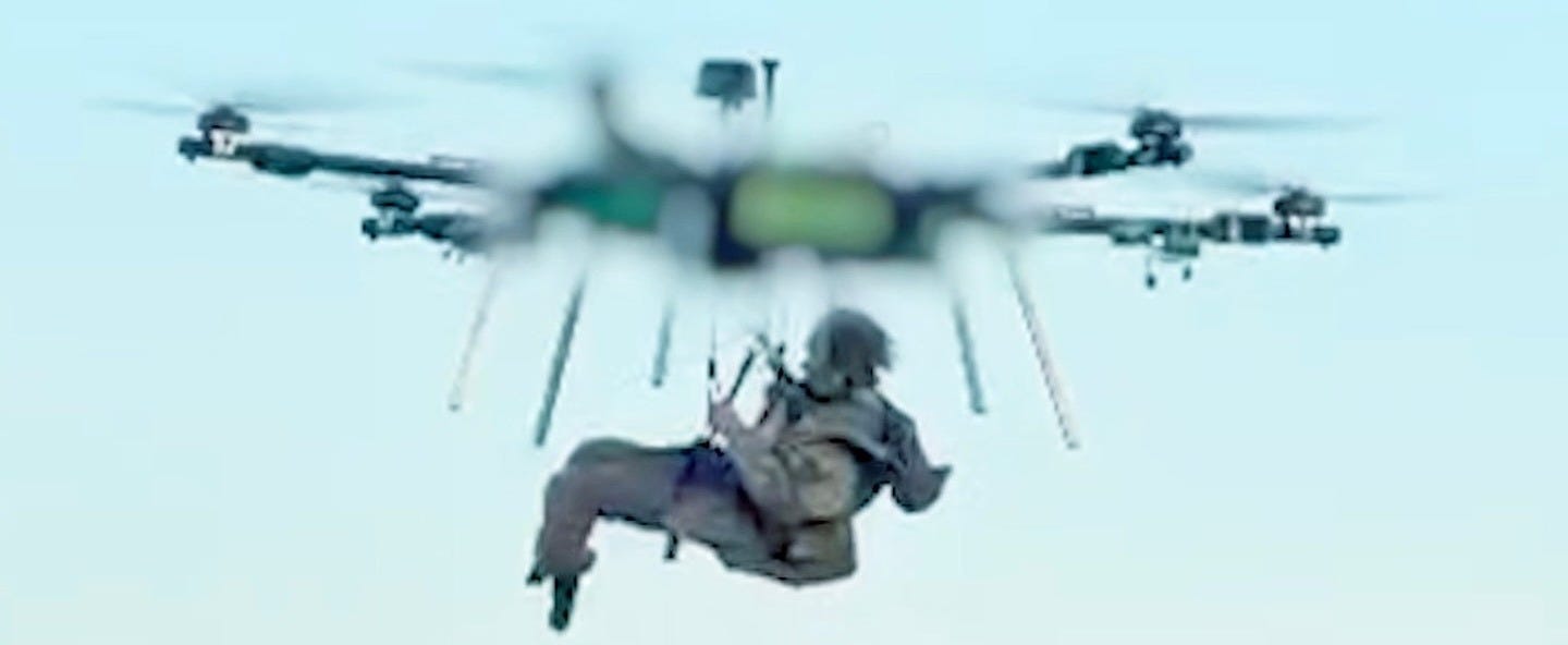 Footage released by the Armed Forces of Ukraine (AFU) on 19 October 2026 shows a single soldier securing himself to a large six-armed multicopter UAV before being flown to safety by personnel located in a remote operating station. Footage released by the Armed Forces of Ukraine (AFU) on 19 October 2026 shows a single soldier securing himself to a large six-armed multicopter UAV before being flown to safety by personnel located in a remote operating station.