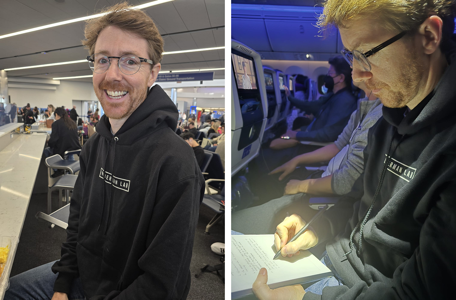 Side by side photos of Martin Picard wearing a Huberman Podcast hoodie. On the left, he is sitting in the airport and smiling at the camera. On the right, he is sitting on the airplane writing. Side by side photos of Martin Picard wearing a Huberman Podcast hoodie. On the left, he is sitting in the airport and smiling at the camera. On the right, he is sitting on the airplane writing.