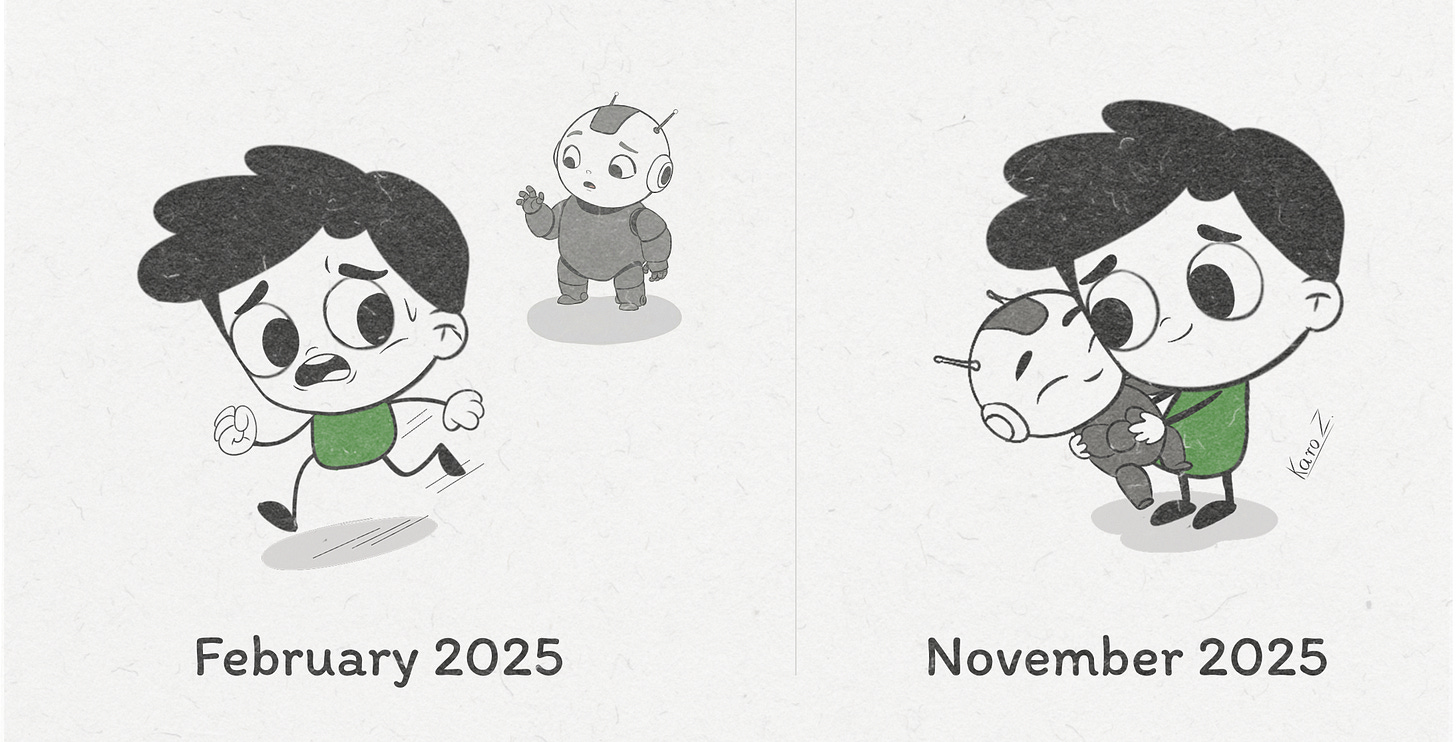 The image shows a two-panel cartoon comparing attitudes toward AI agents in 2025.  The left panel, labeled “February 2025,” shows a worried person running away from a small robot chasing behind them, suggesting fear or distrust of AI autonomy.  The right panel, labeled “November 2025,” shows the same person warmly hugging the robot, indicating that by late 2025 people have embraced autonomous agents because of their clear productivity benefits. Created by Karo from Product with Attitude.