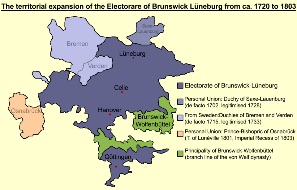 Electorate of Braunschweig-Luneburg aka Electorate of Hanover, taken from https://en.wikipedia.org/wiki/Electorate_of_Hanover#/media/File:Territorial_Expansion_of_the_Electorate.png