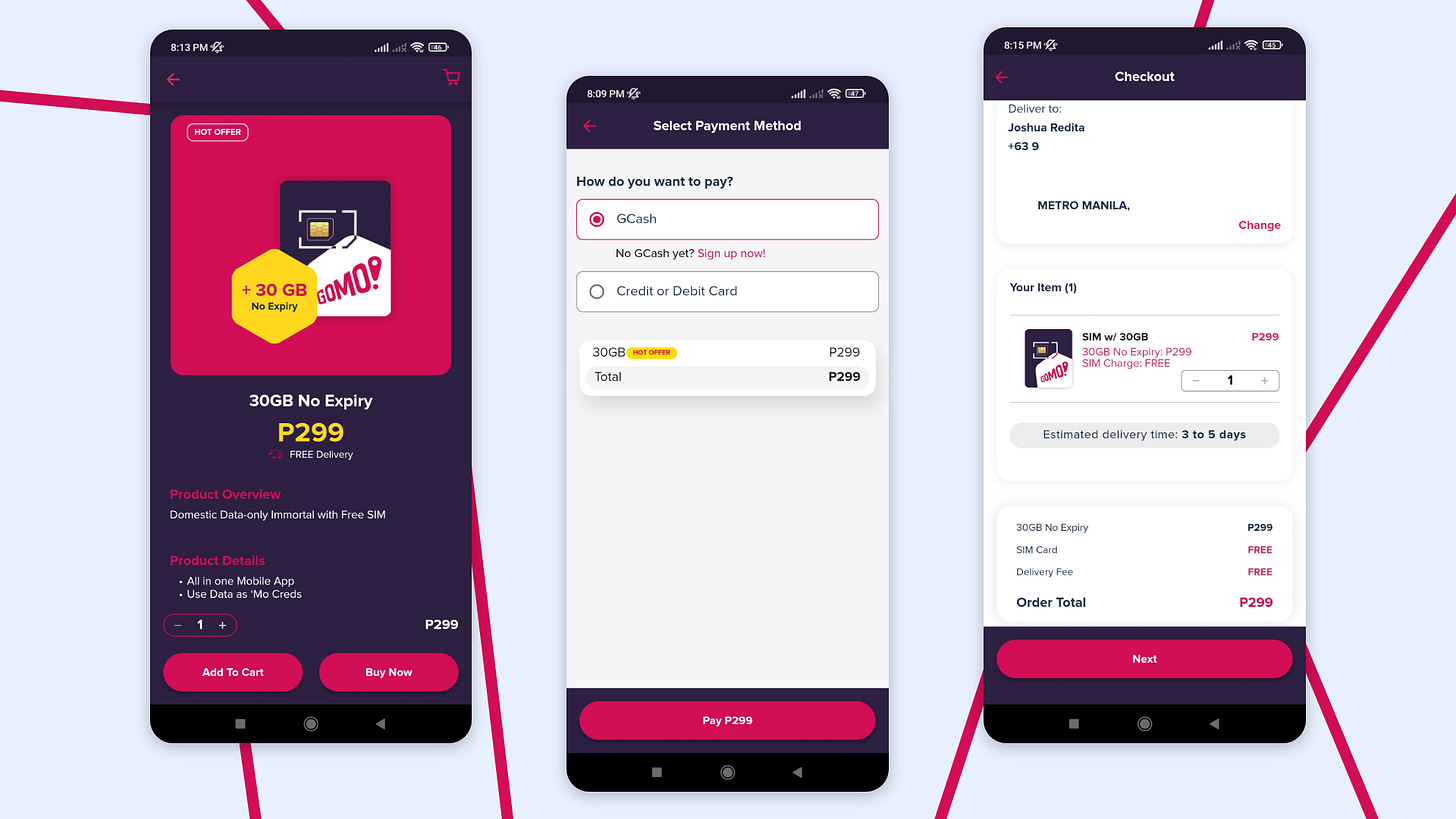 Three screens showing a SIM card being purchased through the app.