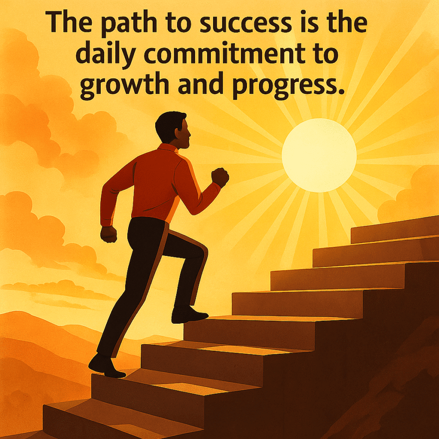 Person climbing steps toward a bright sunrise. Continuous self-improvement is the daily commitment to growth and progress.