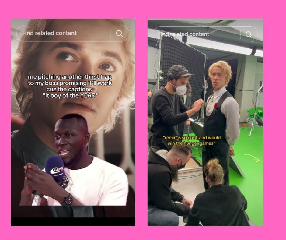 Two screenshots of TikToks from the Lionsgate acccount showing memes and behind the scenes from Hunger Games: The Ballad of Songbirds and Snakes. Two screenshots of TikToks from the Lionsgate acccount showing memes and behind the scenes from Hunger Games: The Ballad of Songbirds and Snakes.
