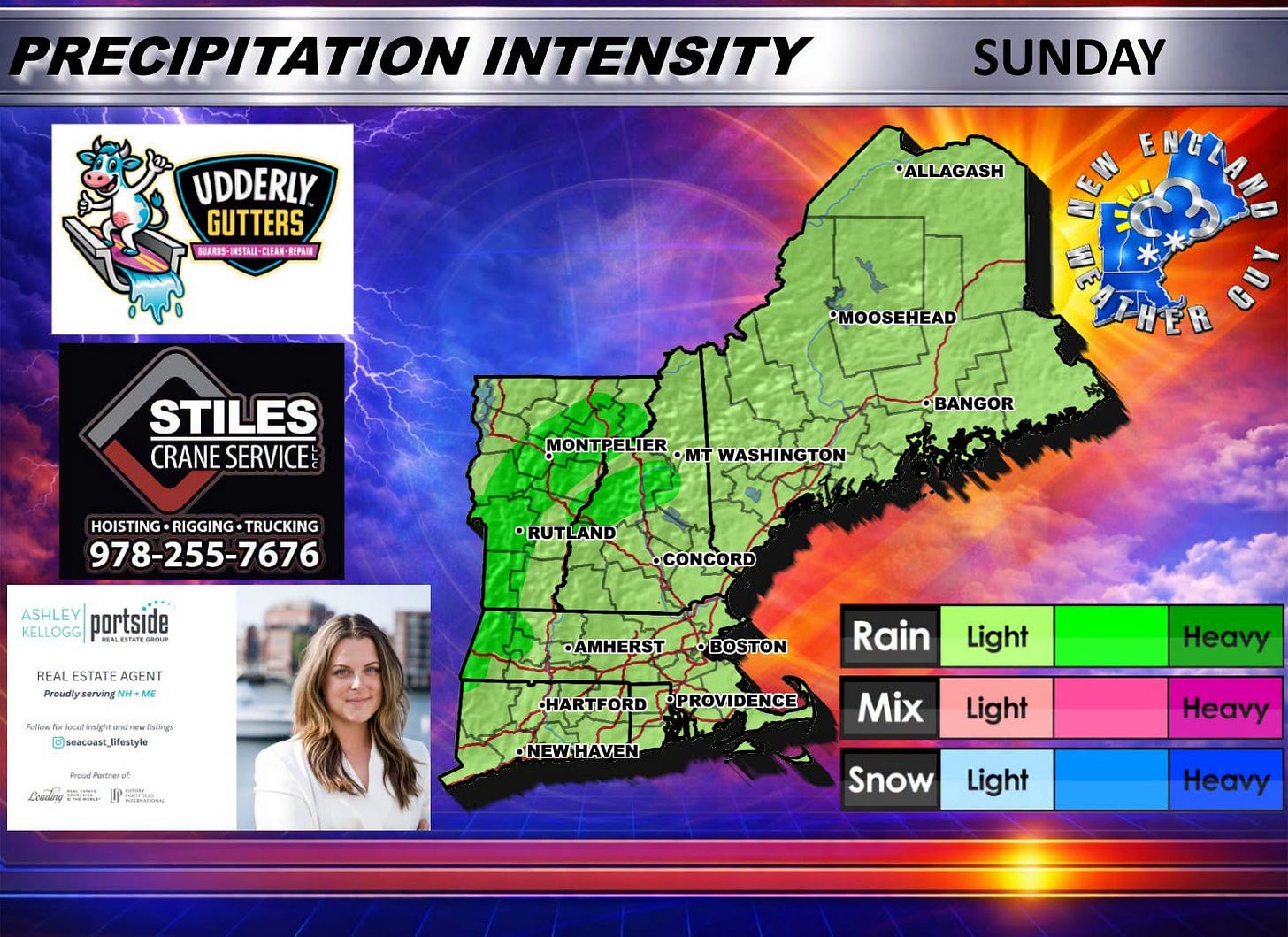 May be an image of ‎map and ‎text that says '‎PRECIPITATION INTENSITY VDDERLY GUTTERS INSTALL-CIEAN- REPUN SUNDAY *ALLAGASH MOOSEHEAD STILES CRANESERVICE CRANE SERVICE MRAO * CUN HOISTING-RIGGING-TRUCKING HOISTING •RIGGING TRUCKING 978-255-7676 BANGOR MONTPELIERMT MT WASHINGTON •RUTLAND RUTL ASHLEY| portside KELLOGG MALANTATEGNOU REAL ESTATE ALESTATEAGENT AGENT Proudlyseratin serwing CONCORD ww.W.wodwsygol.sadnw.ial intings @seacoart_Ufestyle Ufestyle ごsacoas AMHERSTBOSTON BOSTON •AMHERST PootPetr Coo6Hp ح s.. Rain Light HARTFORD OPROVIDENCE NEWHAVEN Heavy Mix Light Snow Heavy Light Heay‎'‎‎