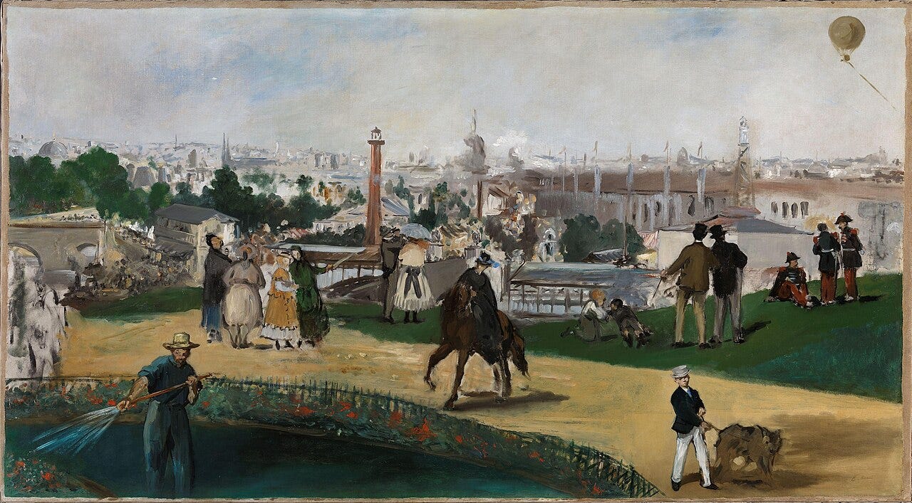 Manet's unfinished view of the 1867 Universal Exhibition, with small groups on a hillside and the fairgrounds beyond Manet's unfinished view of the 1867 Universal Exhibition, with small groups on a hillside and the fairgrounds beyond