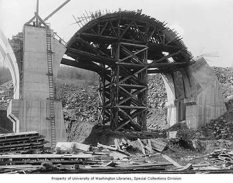 File:Wooden structure in the shape of an arch between two piers, Martin's Creek viaduct construction, Kingsley, Pennsylvania, October (TRANSPORT 944).jpg