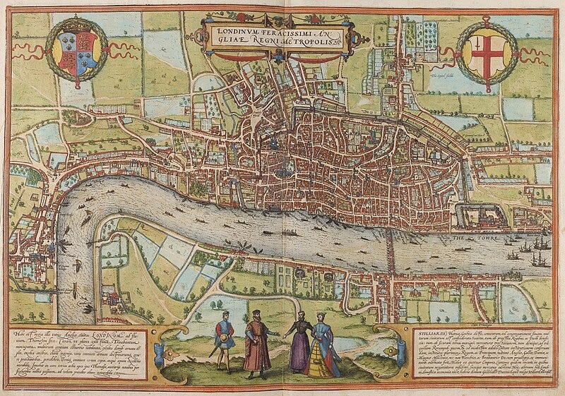 A map of London, as described below. Most of what is now central London is now fields. London stops at the Tower and Trafalgar Square.