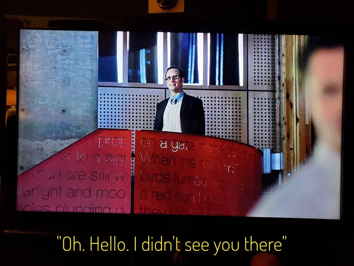 Duncan standing on a metal staircase looking on, captioned "Oh. Hello. I didn't see you there"