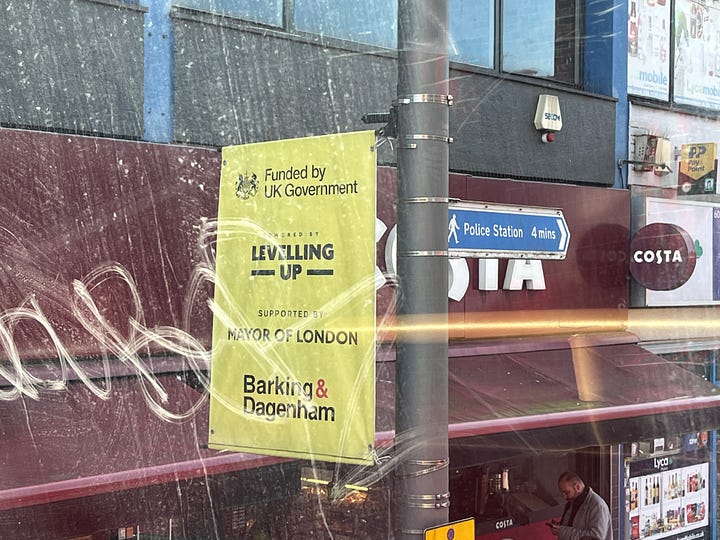 Photos showing the road surface around Barking station and a "Funded by UK Government" flag.