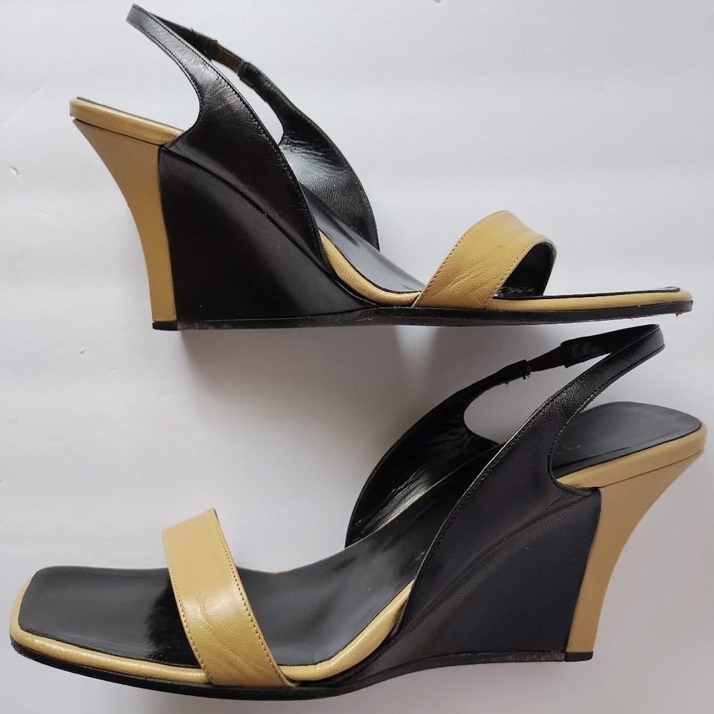 Gucci Black and Camel Leather Wedge Heels Women's Size 8 - Picture 1 of 16 Gucci Black and Camel Leather Wedge Heels Women's Size 8 - Picture 1 of 16