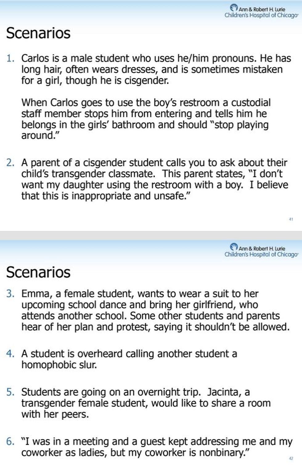 Discussion scenarios: 1. Carlos is a male student who uses he/him pronouns. He has long hair, often wears dresses, and is sometimes mistaken for a girl, though he is cisgender. When Carlos goes to use the boy's restroom a custodial staff member stops him from entering and tells him he belongs in the girls' bathroom and should "stop playing around." 2. A parent of a cisgender student calls you to ask about their child's transgender classmate. This parent states, "I don't want my daughter using the restroom with a boy. I believe that this is inappropriate and unsafe." 3. Emma, a female student, wants to wear a suit to her upcoming school dance and bring her girlfriend, who attends another school. Some other students and parents hear of her plan and protest, saying it shouldn't be allowed. 4. A student is overheard calling another student a homophobic slur. 5 Students are going on an overnight trip. Jacinto, a transgender female student, would like to share a room with her peers. 6. "I was in a meeting and a guest kept addressing me and my coworker as ladies, but my coworker is nonbinary." Discussion scenarios: 1. Carlos is a male student who uses he/him pronouns. He has long hair, often wears dresses, and is sometimes mistaken for a girl, though he is cisgender. When Carlos goes to use the boy's restroom a custodial staff member stops him from entering and tells him he belongs in the girls' bathroom and should "stop playing around." 2. A parent of a cisgender student calls you to ask about their child's transgender classmate. This parent states, "I don't want my daughter using the restroom with a boy. I believe that this is inappropriate and unsafe." 3. Emma, a female student, wants to wear a suit to her upcoming school dance and bring her girlfriend, who attends another school. Some other students and parents hear of her plan and protest, saying it shouldn't be allowed. 4. A student is overheard calling another student a homophobic slur. 5 Students are going on an overnight trip. Jacinto, a transgender female student, would like to share a room with her peers. 6. "I was in a meeting and a guest kept addressing me and my coworker as ladies, but my coworker is nonbinary."