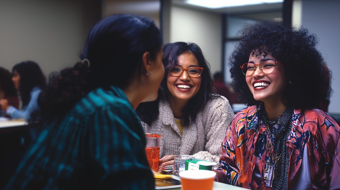 Two women laughing and another listening intently during a coding session in the office breakroom. Two women laughing and another listening intently during a coding session in the office breakroom.