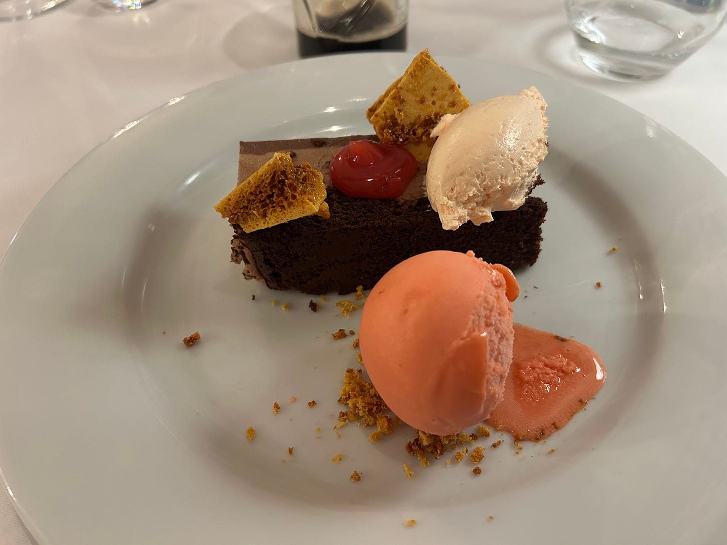 Chocolate Orange Delice, Blood Orange Sorbet, Honeycomb dessert at Petwood Hotel, Woodhall Spa, Lincolnshire