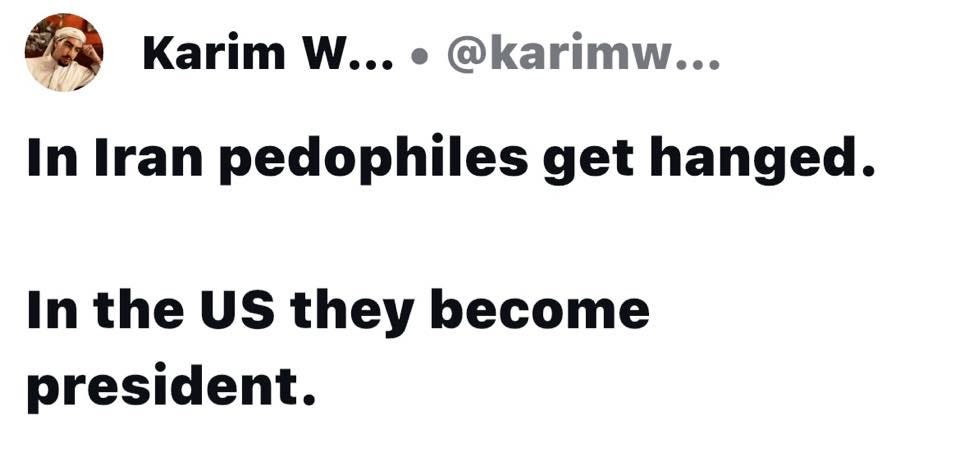 May be an image of text that says 'Karim W... @karimw... In Iran pedophiles get hanged. In the ร they become president.' May be an image of text that says 'Karim W... @karimw... In Iran pedophiles get hanged. In the ร they become president.'
