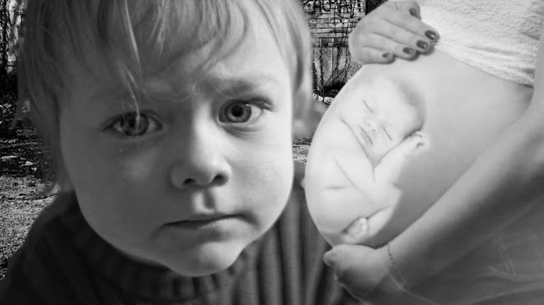 A black and white split-screen image featuring a close-up of a somber, wide-eyed child’s face next to a pregnant woman’s belly with a visible fetus overlay.