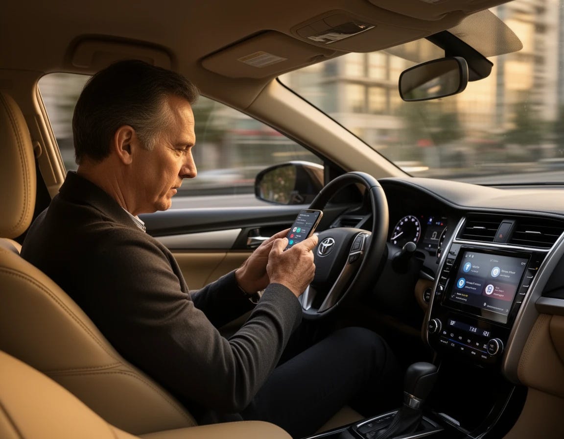 Man driving a vehicle, looking at his phone, under the influence of influencers