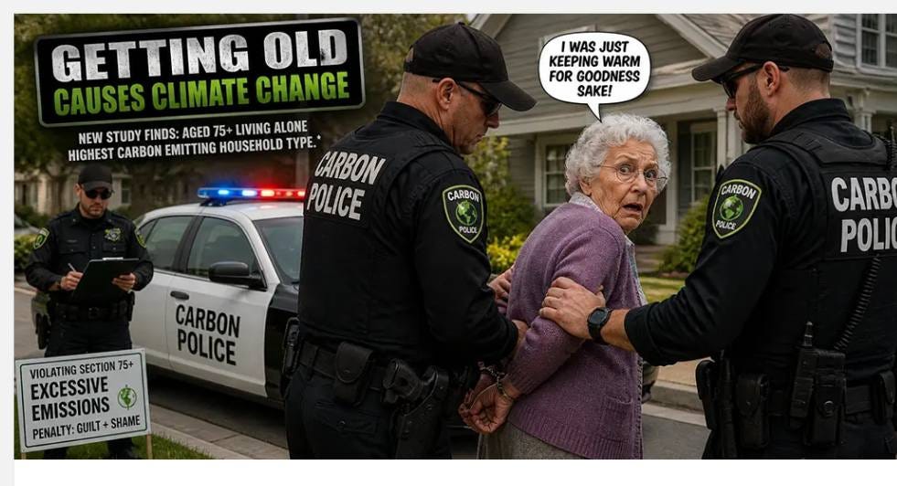 May be an image of text that says "GETTING CHANGE OLD CAUSES CI IMATE WAS JUST KEEPING WARM FOR GOODNESS SAKE! NEW STUDY FINDS: AGED 75+ LIVING ALONE HIGHEST CARBON EMITTING HOUSEHOLD TYPE. CARBON POLICE CARBON POLICI CARBOM POLUICE CARBON POLICE CARB POLI VIOLATING SECTION VIOLATINGSECTION75+ 75+ EXCESSIVE EMISSIONS SHAME PENALTY: PENALTY:GUILT+SHAME GUILT+"