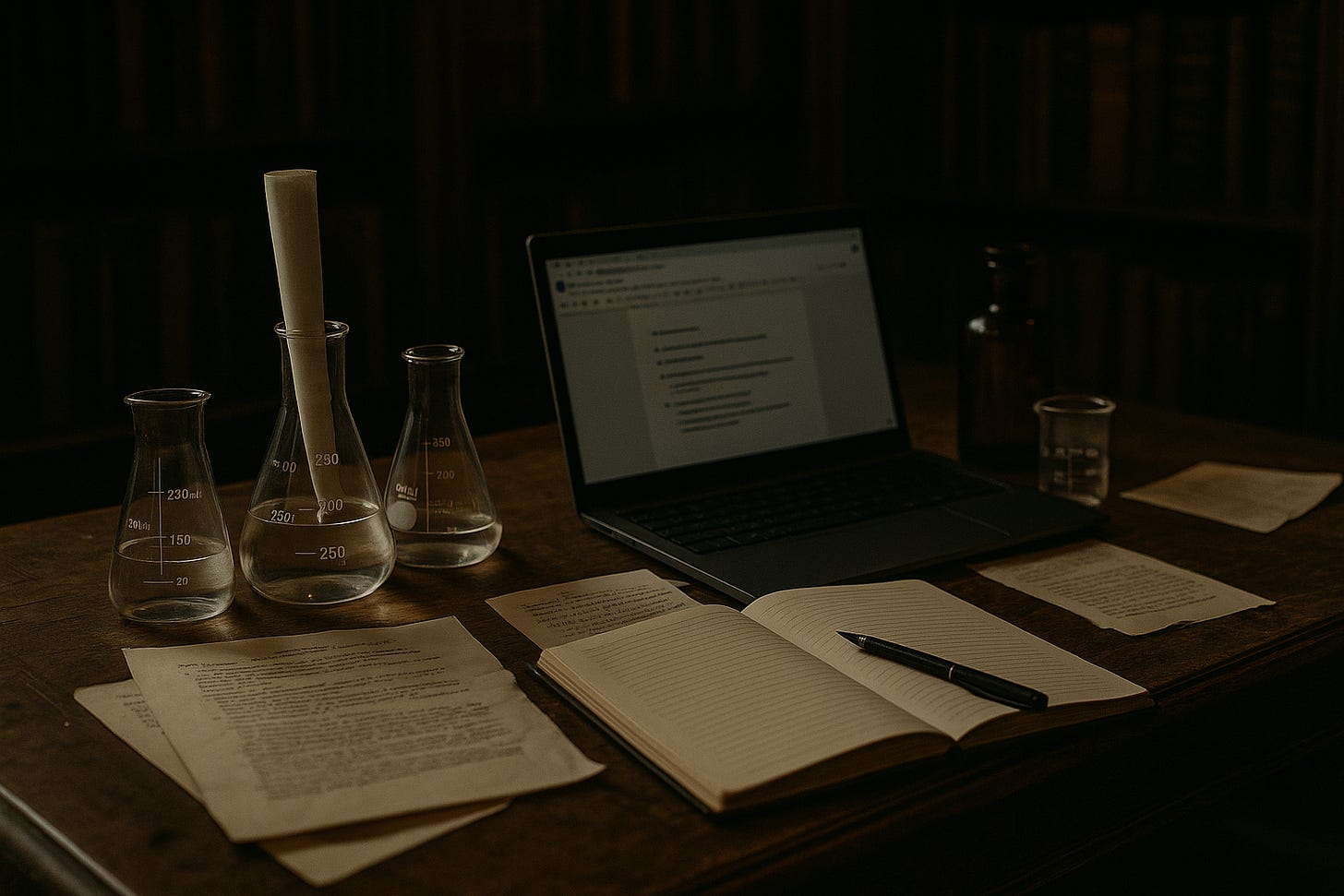 A dimly lit, dark academia-style study scene featuring a wooden desk with laboratory glassware, including a flask holding a rolled-up piece of paper, symbolizing an assessment being “created” like research. A laptop, open notebook with a fountain pen, and scattered papers rest nearby, illuminated by warm, golden light against a background of old Oxford-style bookshelves.
