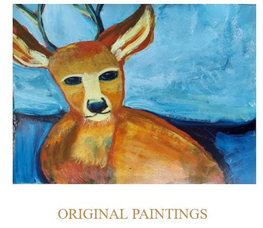 Kelly Kilmer shares two photos of original paintings (a deer against a blue background) and journals (a small open book on her easel) in her online shop