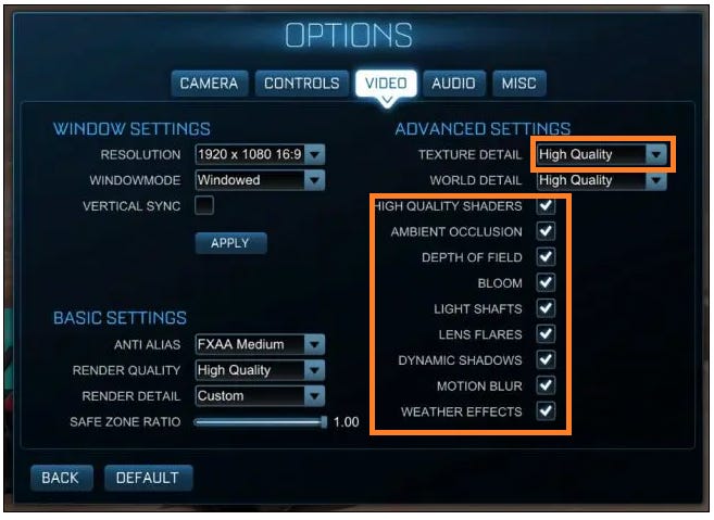 The video menu of Rocket League. The Texture Detail dropdown is shown as “High Quality”, and another rectangle shows all of the checkboxes below that are affected as a result (such as high quality shaders, depth of field, lens flares, and more). The video menu of Rocket League. The Texture Detail dropdown is shown as “High Quality”, and another rectangle shows all of the checkboxes below that are affected as a result (such as high quality shaders, depth of field, lens flares, and more).