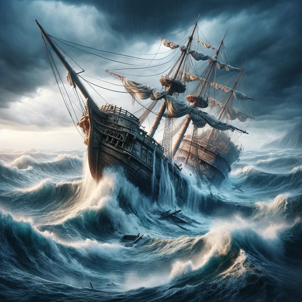 A dramatic scene of a sinking ship in the middle of the ocean, with high tides swirling around it. The ship, an old-fashioned wooden vessel, is tilting dramatically to one side, with its masts breaking and sails torn. The ocean is tumultuous, with giant waves crashing against the ship, illustrating the ship's desperate battle against nature. The sky is overcast, enhancing the sense of impending doom. This image captures the power of the sea and the vulnerability of man-made structures in the face of natural forces.